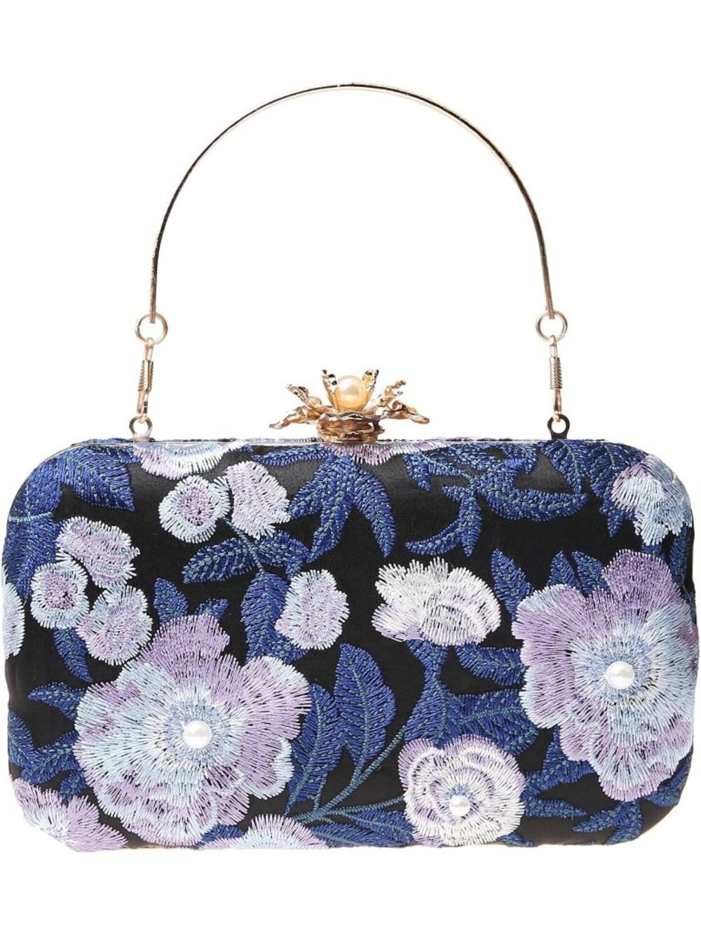 Women's Dark Blue Vintage Floral Embroidery Clutch Elegant Pearl Design, Wedding